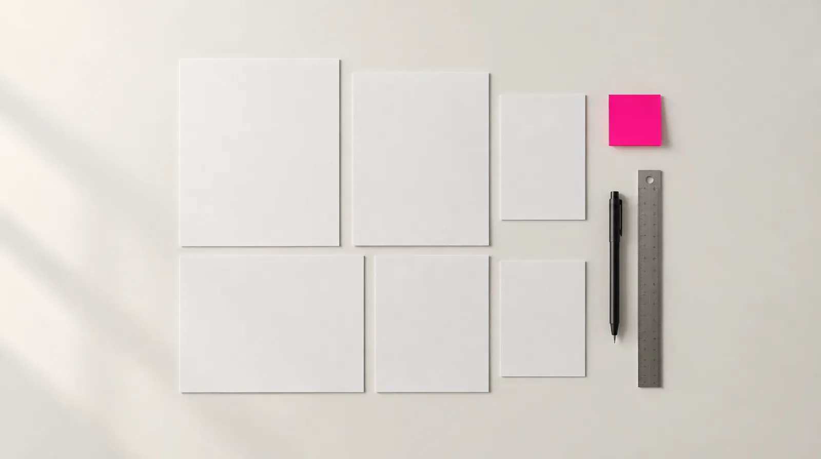 Ausgelegte Papierbögen, Stift und Lineal auf einem Schreibtisch, dazwischen ein pinkfarbener Haftzettel